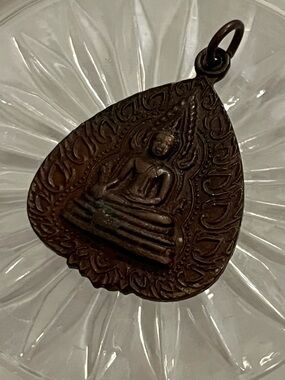 Vintage Copper Teardrop Buddha Pendant W/ Patina - Antique Bronze Tone
